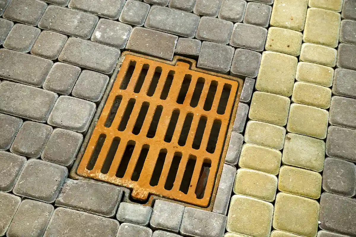 Une grille d'évacuation jaune sur un sol en béton